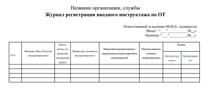 Примерная форма Журнала регистрации вводного инструктажа