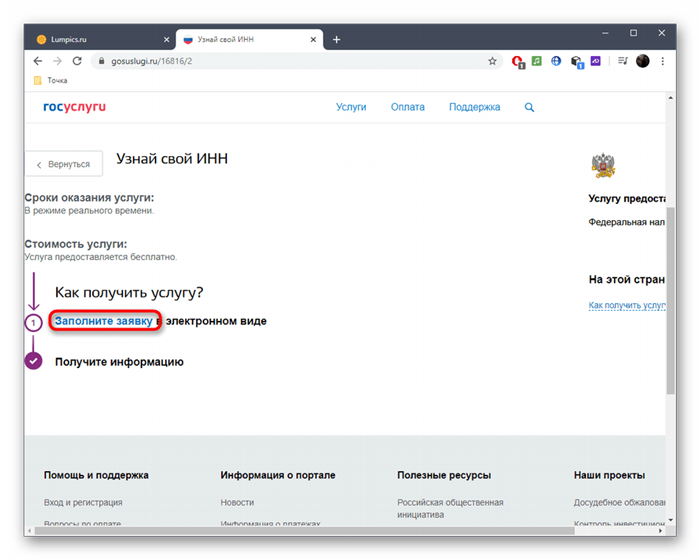Заполнение формы для получения ИНН через онлайн-сервис ГосУслуги