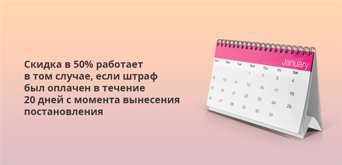 Скидка в 50% работает в том случае, если штраф был оплачен в течение 20 дней с момента вынесения постановления