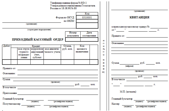 Приходный кассовый ордер - бланк и образец