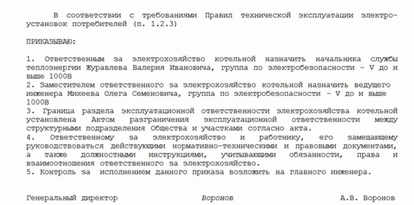 Приказ о назначении ответственного за электрохозяйство.