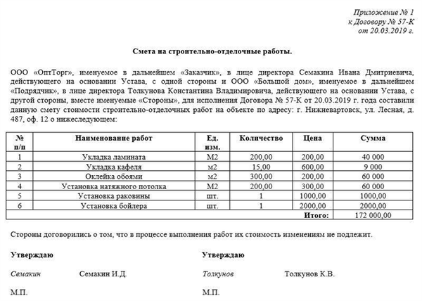 Образец сметы на строительно-отделочные работы